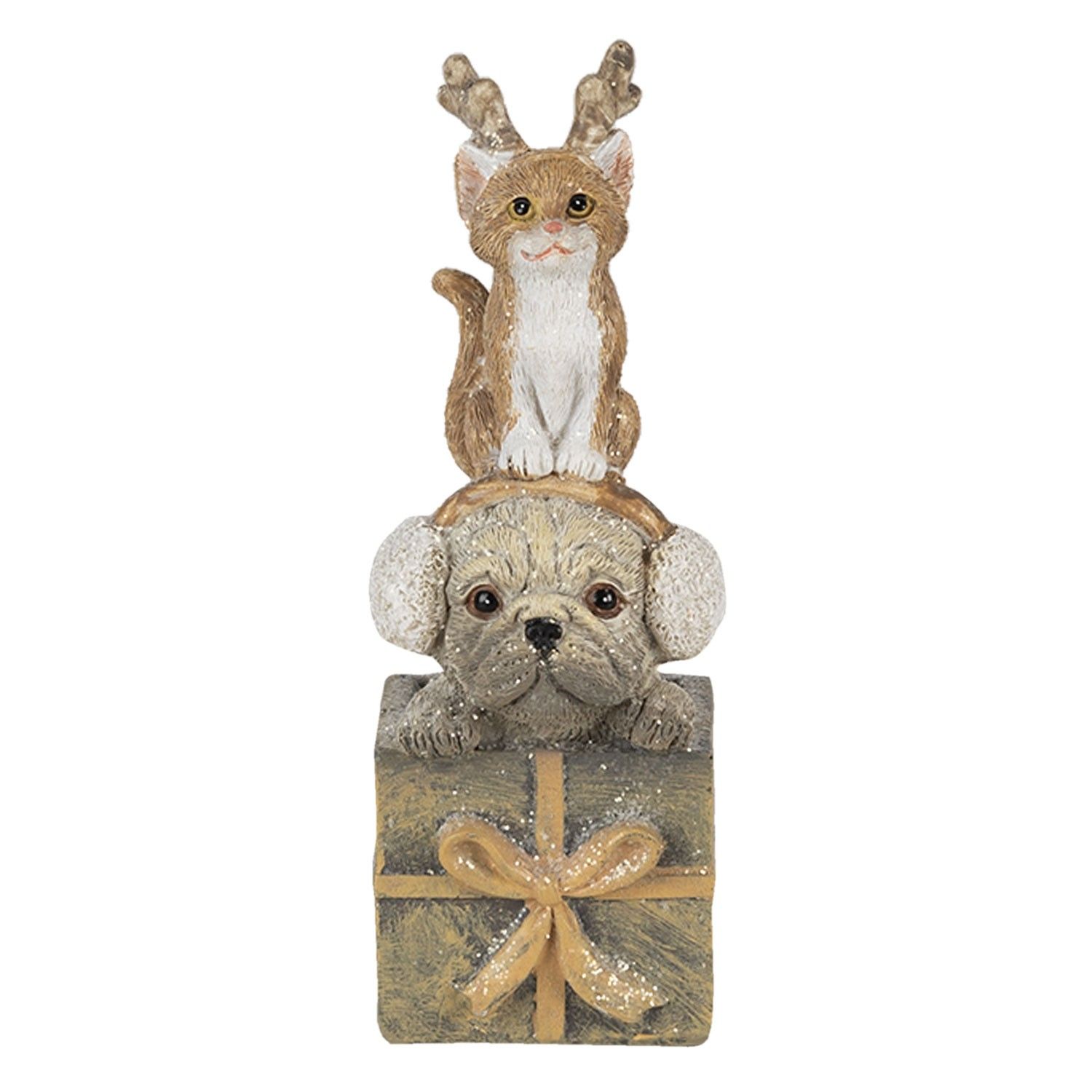 Vánoční dekorativní soška pejska a kočičky s dárkem - 5*5*13 cm Clayre & Eef - LaHome - vintage dekorace