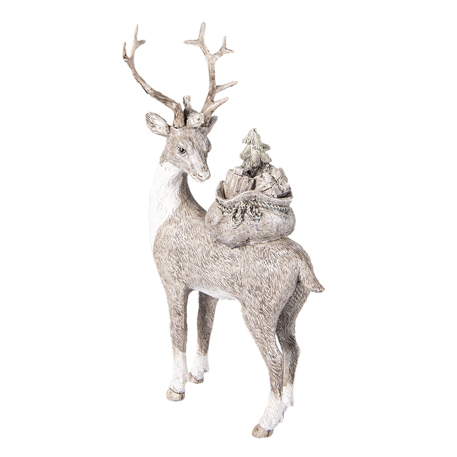 Stříbrno bílá dekorativní soška jelena s dárky - 15*9*26 cm Clayre & Eef - LaHome - vintage dekorace