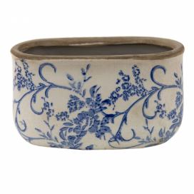 Oválný keramický obal na květináč s modrými květy Saten M - 17*9*10 cm Clayre & Eef