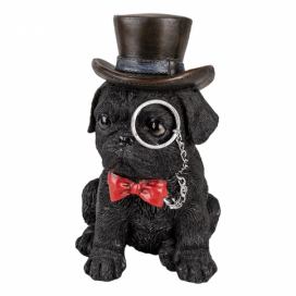 Dekorativní soška černého psa s lupou a kloboukem - 13*9*17 cm Clayre & Eef