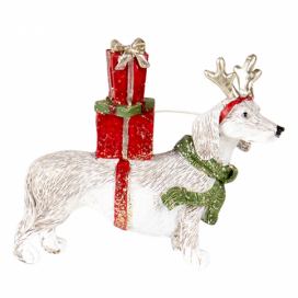 Vánoční dekorativní soška psa s dárky - 9*3*8 cm Clayre & Eef LaHome - vintage dekorace