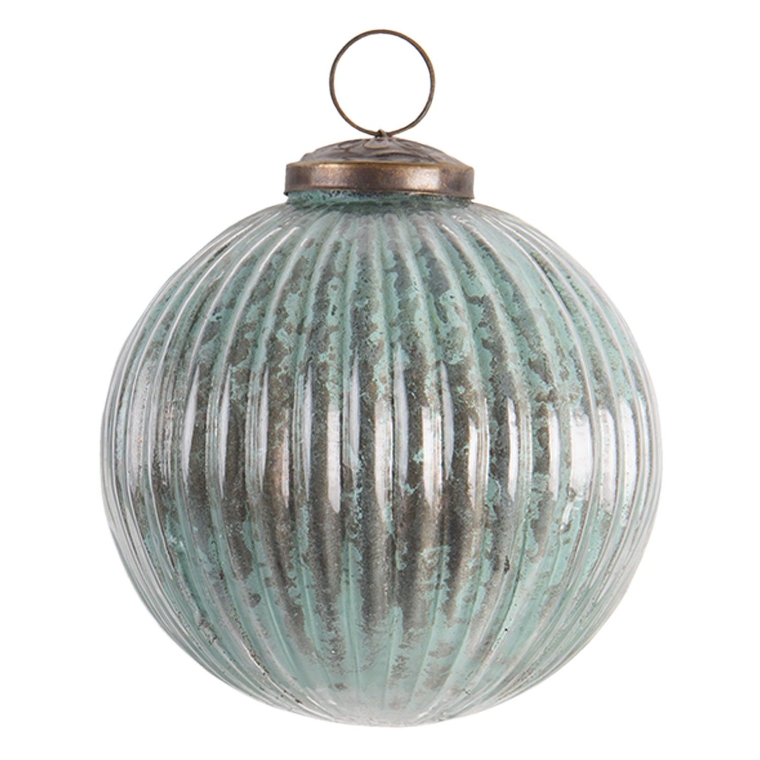 Modro šedá vánoční koule s žebrováním a patinou - Ø 10 cm Clayre & Eef - LaHome - vintage dekorace