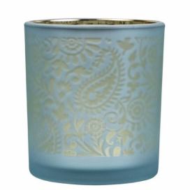 Modro stříbrný skleněný svícen s ornamenty Paisley vel.S - Ø 7*8cm Mars & More