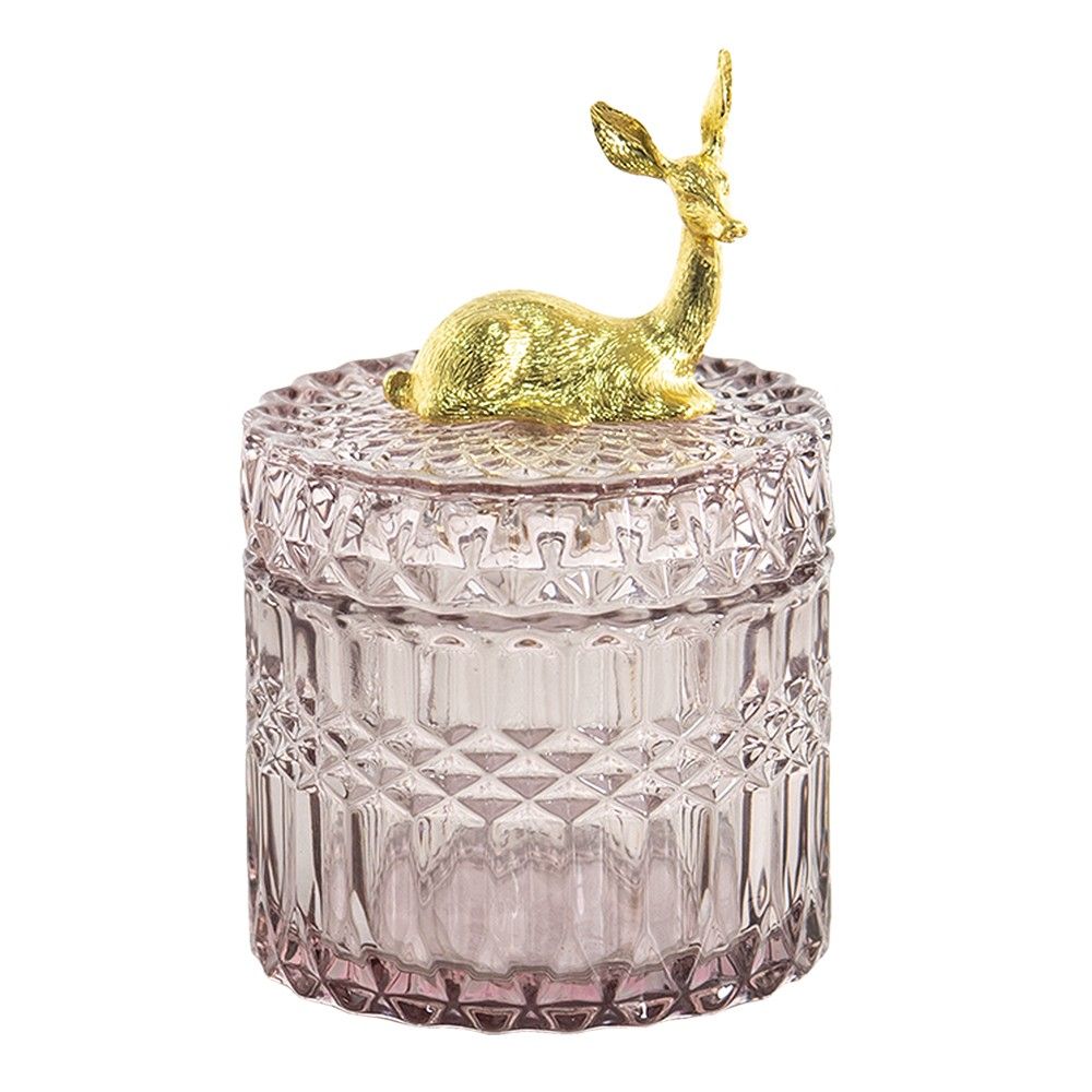 Růžová skleněná dóza na bonbóny s víčkem se zlatou srnečkou - Ø 9*14 cm Clayre & Eef - LaHome - vintage dekorace