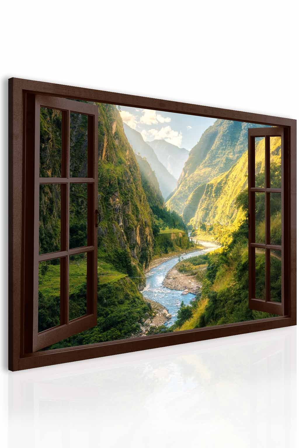 Malvis 3D obraz okno horská řeka Velikost (šířka x výška): 60x40 cm - S-obrazy.cz