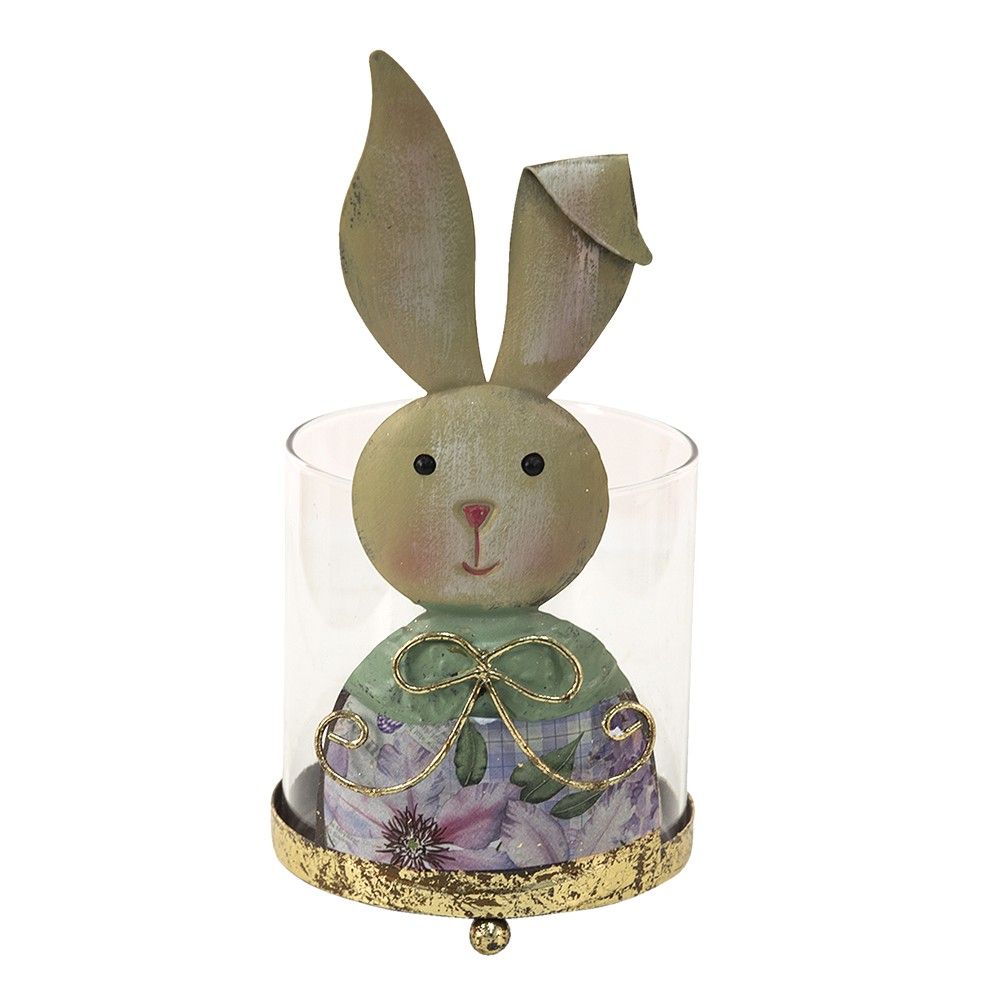 Skleněný svícen na čajovku s králíčí slečnou - 11*10*22 cm Clayre & Eef - LaHome - vintage dekorace