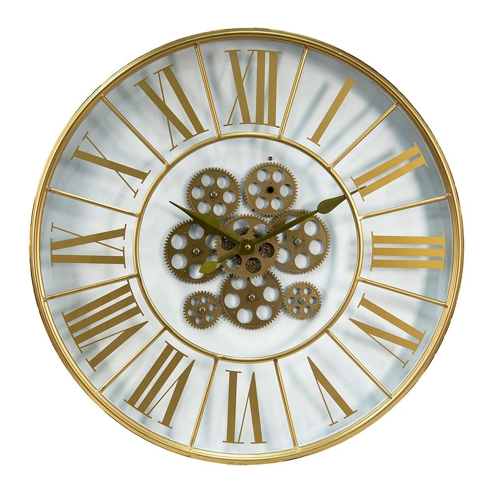Zlaté skleněné nástěnné hodiny s ozubenými kolečky Lao - Ø 60*8 cm  /1*AA Clayre & Eef - LaHome - vintage dekorace