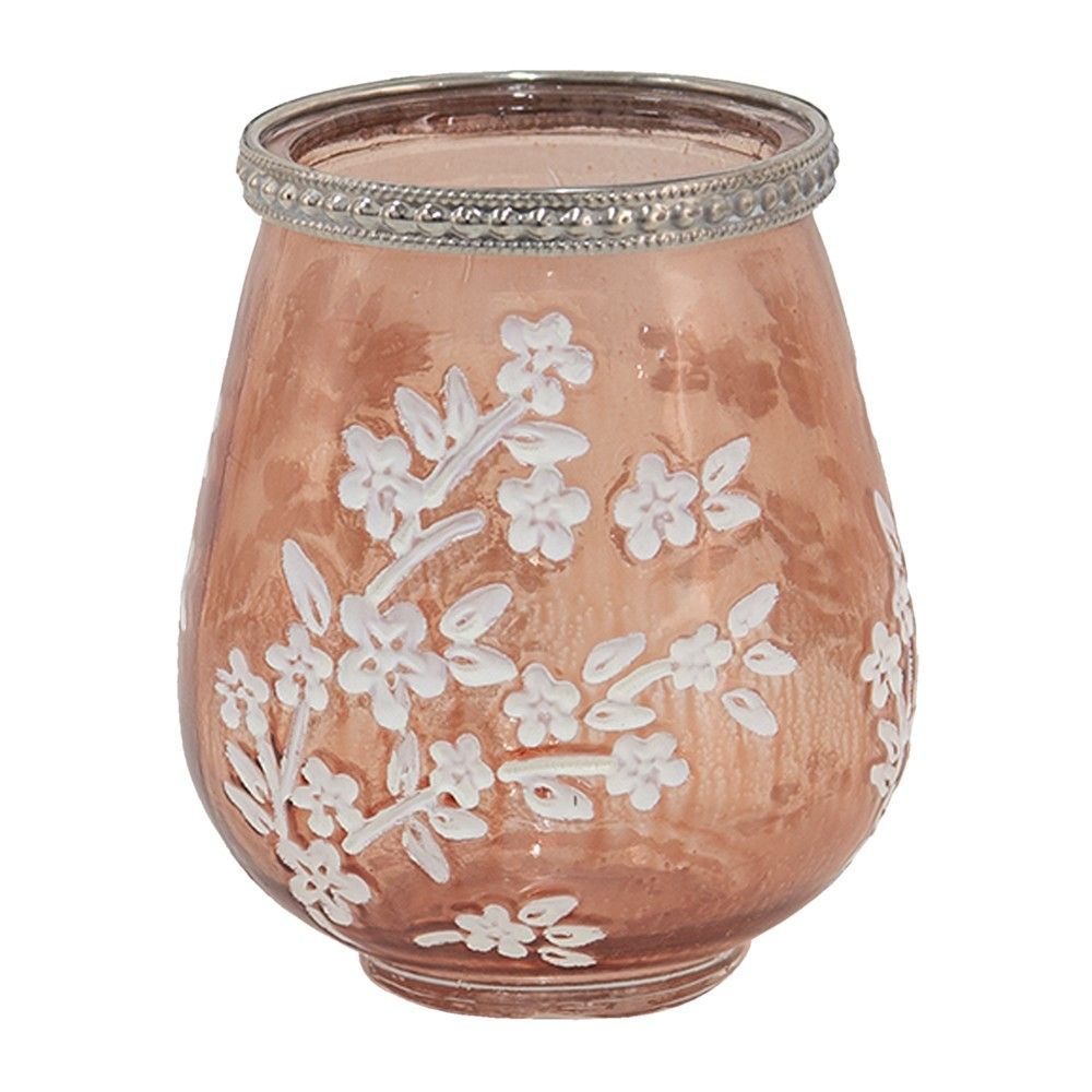 Béžovo-hnědý skleněný svícen na čajovou svíčku s květy Teane  - Ø 9*10 cm Clayre & Eef - LaHome - vintage dekorace