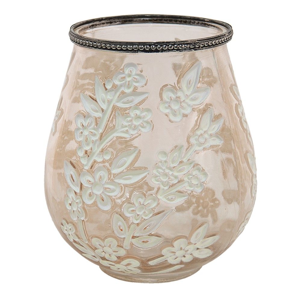 Béžovo-hnědý skleněný svícen na čajovou svíčku s květy Teane  - Ø 10*9 cm Clayre & Eef - LaHome - vintage dekorace