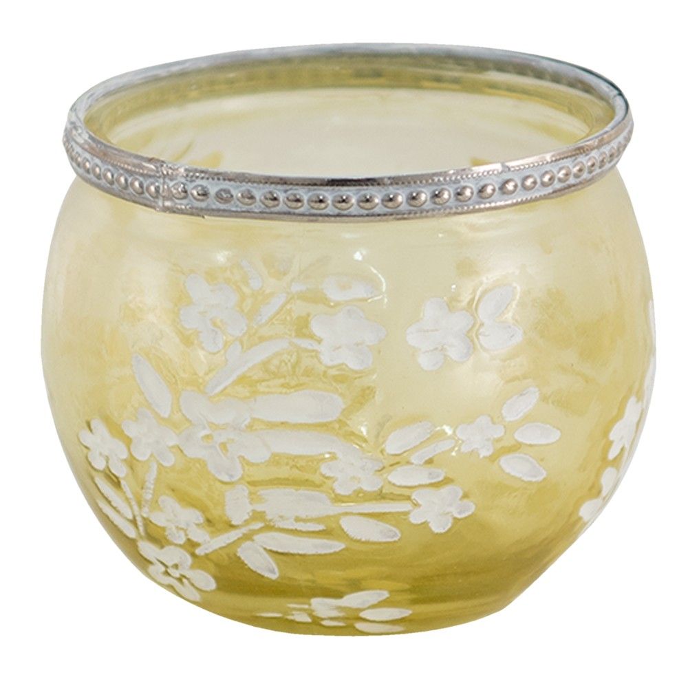 Žlutý skleněný svícen na čajovou svíčku s květy Teane  - Ø 10*9 cm Clayre & Eef - LaHome - vintage dekorace