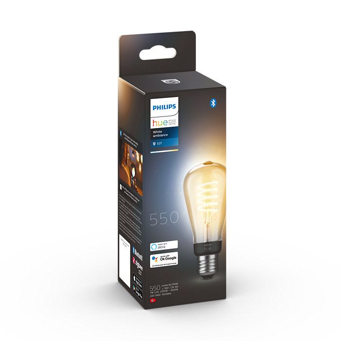 Philips Hue Bluetooth LED White Ambiance filamentová žárovka 8719514301467 E27 ST64 7W 550lm 2200-4500K černá, stmívatelná Studená bílá - Svítidla FEIM
