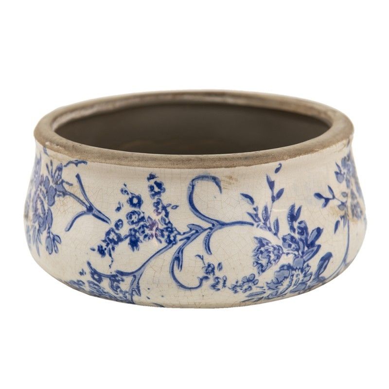 Nízký keramický obal na květináč s modrými květy Saten - Ø 21*8 cm Clayre & Eef - LaHome - vintage dekorace