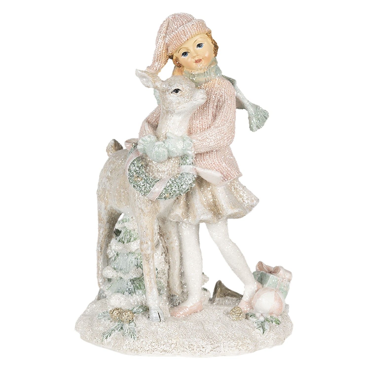 Vánoční dekorativní soška holčičky s laní - 13*10*20 cm Clayre & Eef - LaHome - vintage dekorace