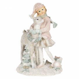 Vánoční dekorativní soška holčičky s laní - 13*10*20 cm Clayre & Eef LaHome - vintage dekorace
