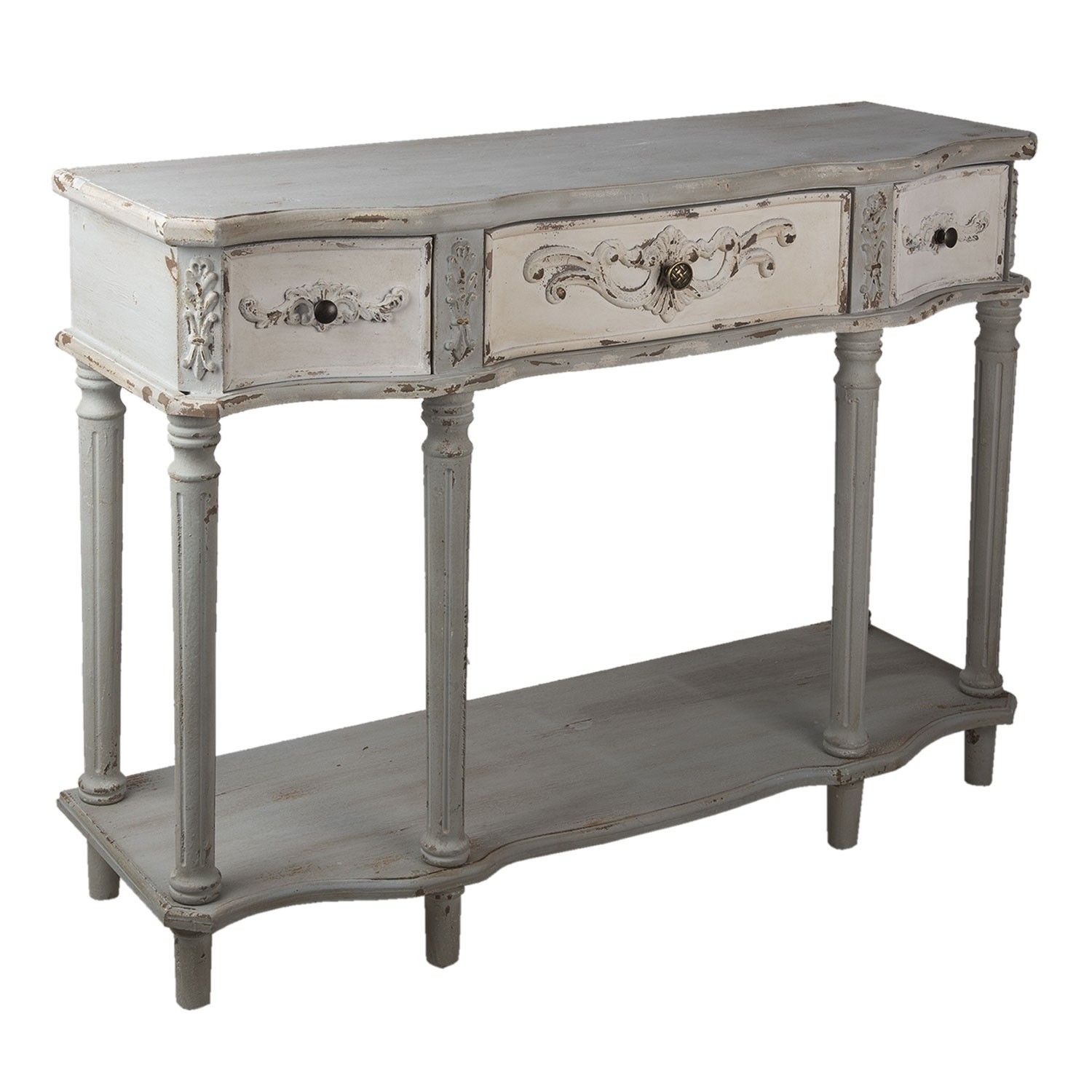 Bílo šedý dřevěný zdobený stolek Luis se šuplíky a patinou - 120*38*85 cm Clayre & Eef - LaHome - vintage dekorace