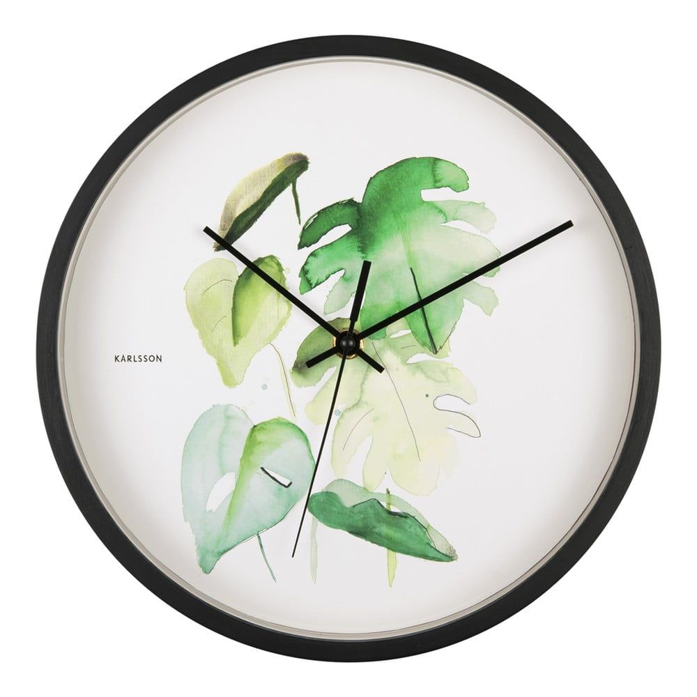 Zeleno-bílé nástěnné hodiny v černém rámu Karlsson Monstera, ø 26 cm - Bonami.cz