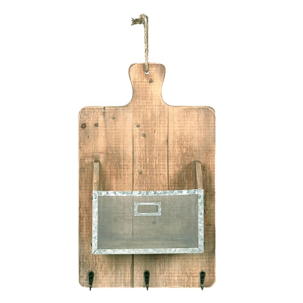 Nástěnný dřevěný box ve tvaru prkénka s háčky - 33*9*55 cm Clayre & Eef - LaHome - vintage dekorace