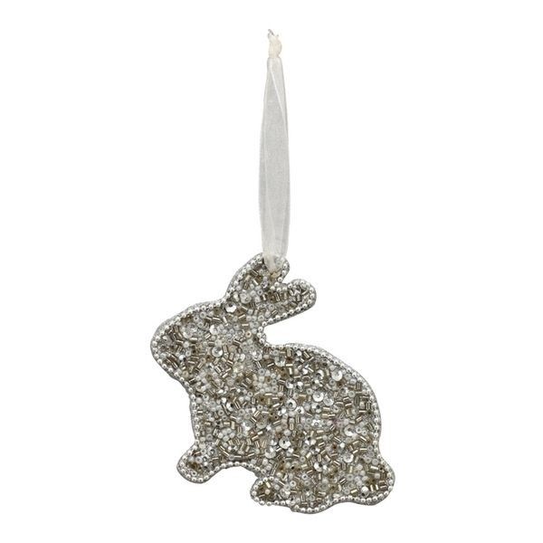 Stříbrný velikonoční králíček s korálky na stužce Fli - 10*8 cm Exner - LaHome - vintage dekorace