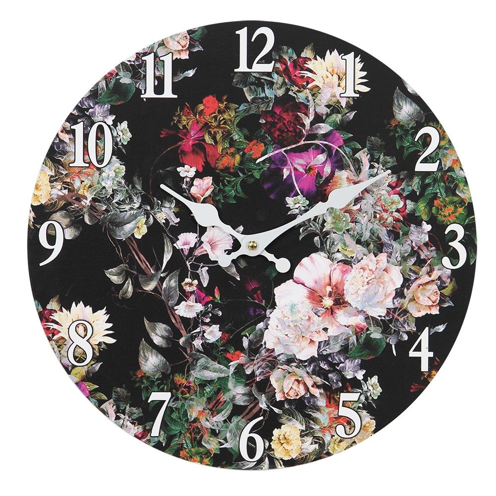 Černé nástěnné vintage hodiny s květy I – Ø 34*4 cm / 1*AA Clayre & Eef - LaHome - vintage dekorace
