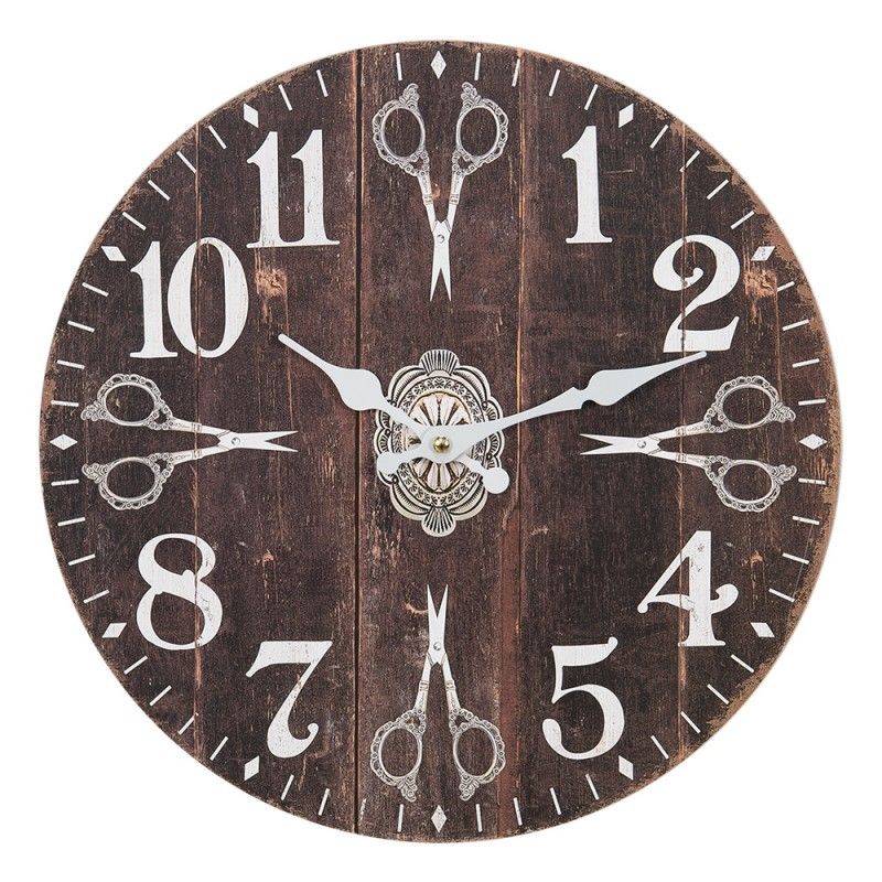 Hnědé nástěnné hodiny s nůžkami - Ø 34*4 cm / 1*AA Clayre & Eef - LaHome - vintage dekorace