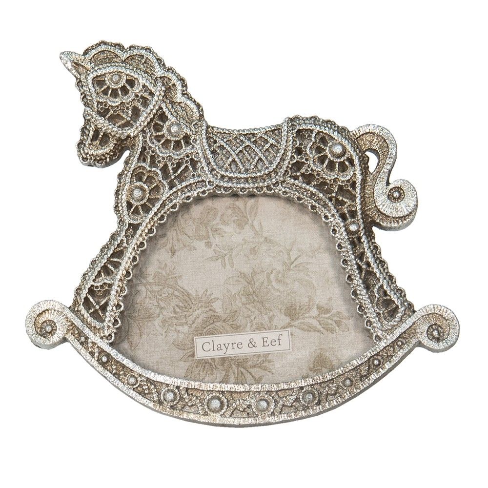 Stříbrný antik fotorámeček na postavení ve tvaru houpacího koníka - 14*1*11 cm / 10*6 cm Clayre & Eef - LaHome - vintage dekorace