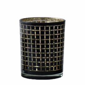 Černý skleněný svícen Mara na čajovou svíčku s motivem kostek - 10*10*12,5cm Mars & More