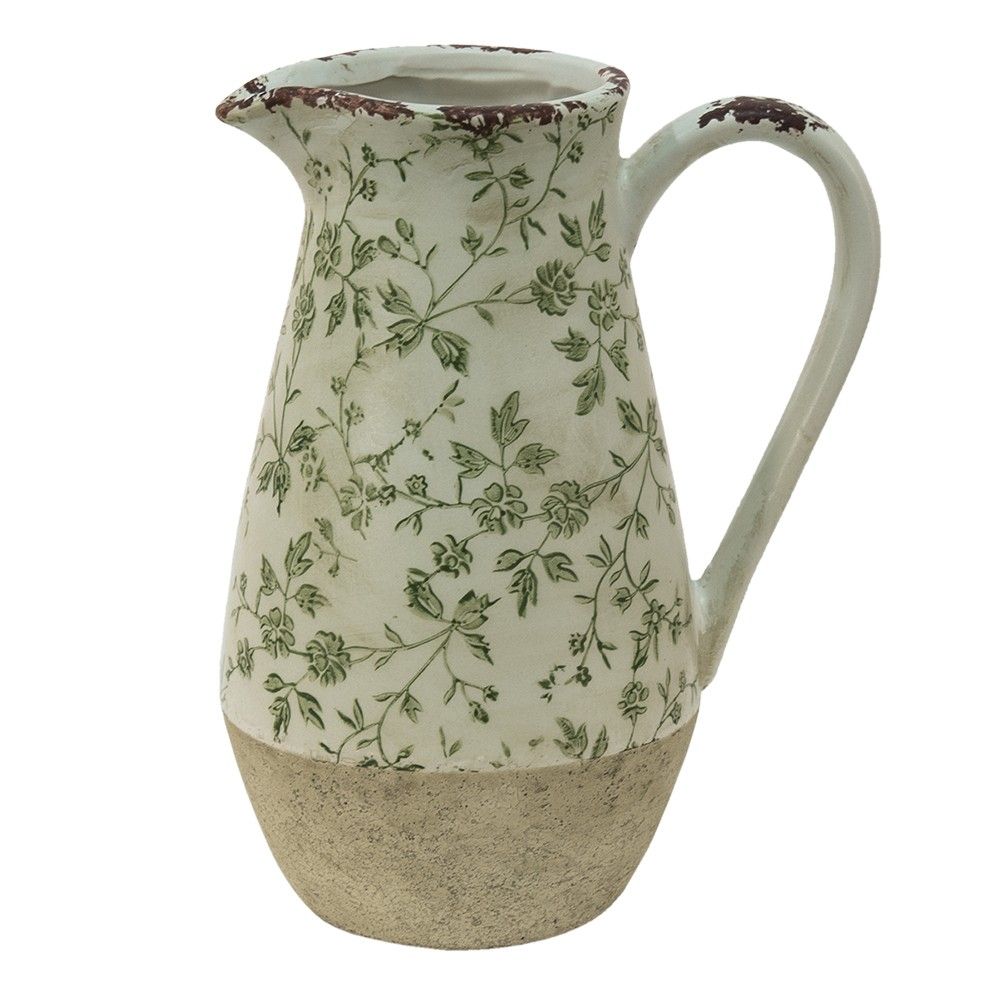Keramický dekorační džbán se zelenými květy Jenia M - 20*14*25 cm Clayre & Eef - LaHome - vintage dekorace