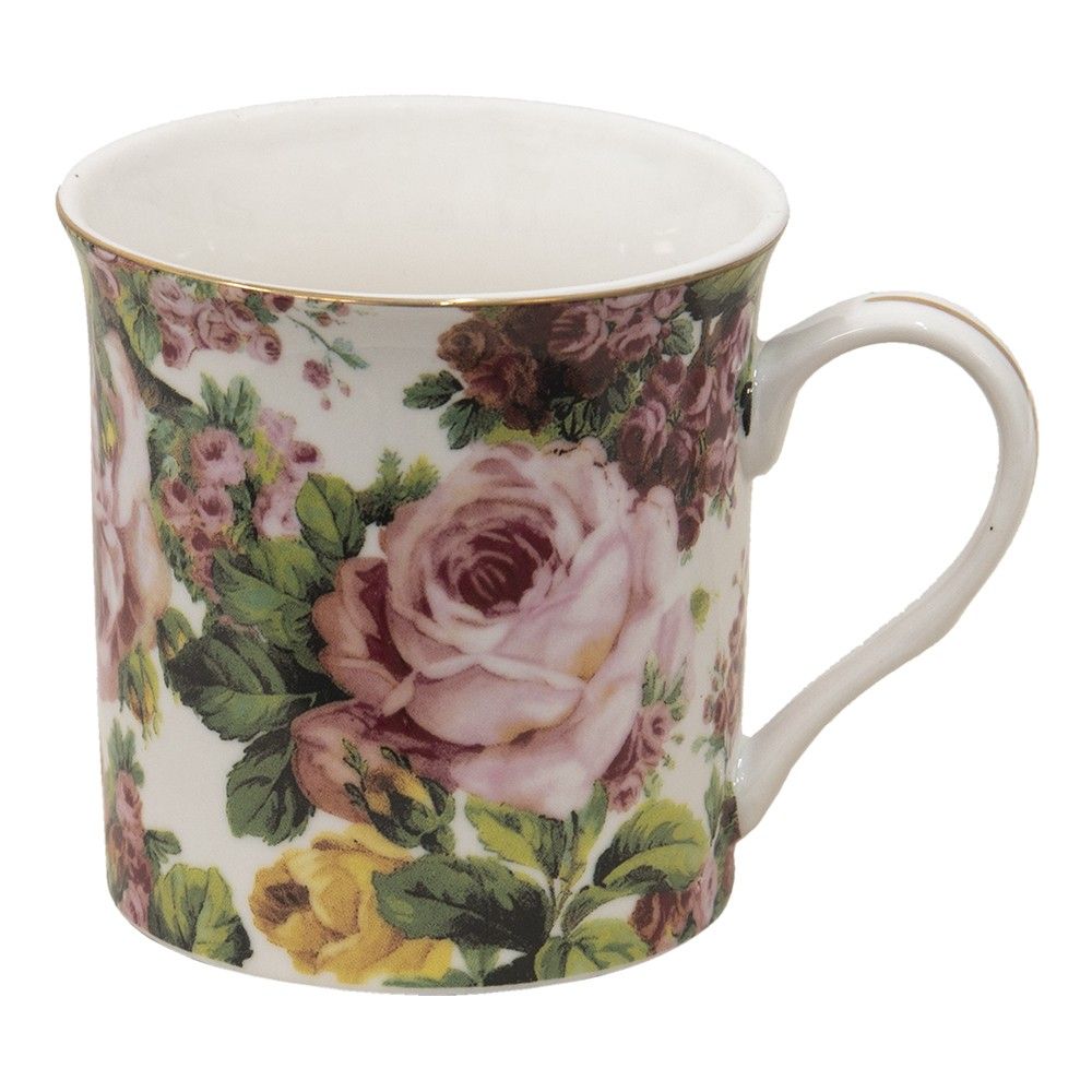 Porcelánový hrnek s květy a zlatou linkou Pink Flowers - 12*8*9 cm / 330 ml Clayre & Eef - LaHome - vintage dekorace