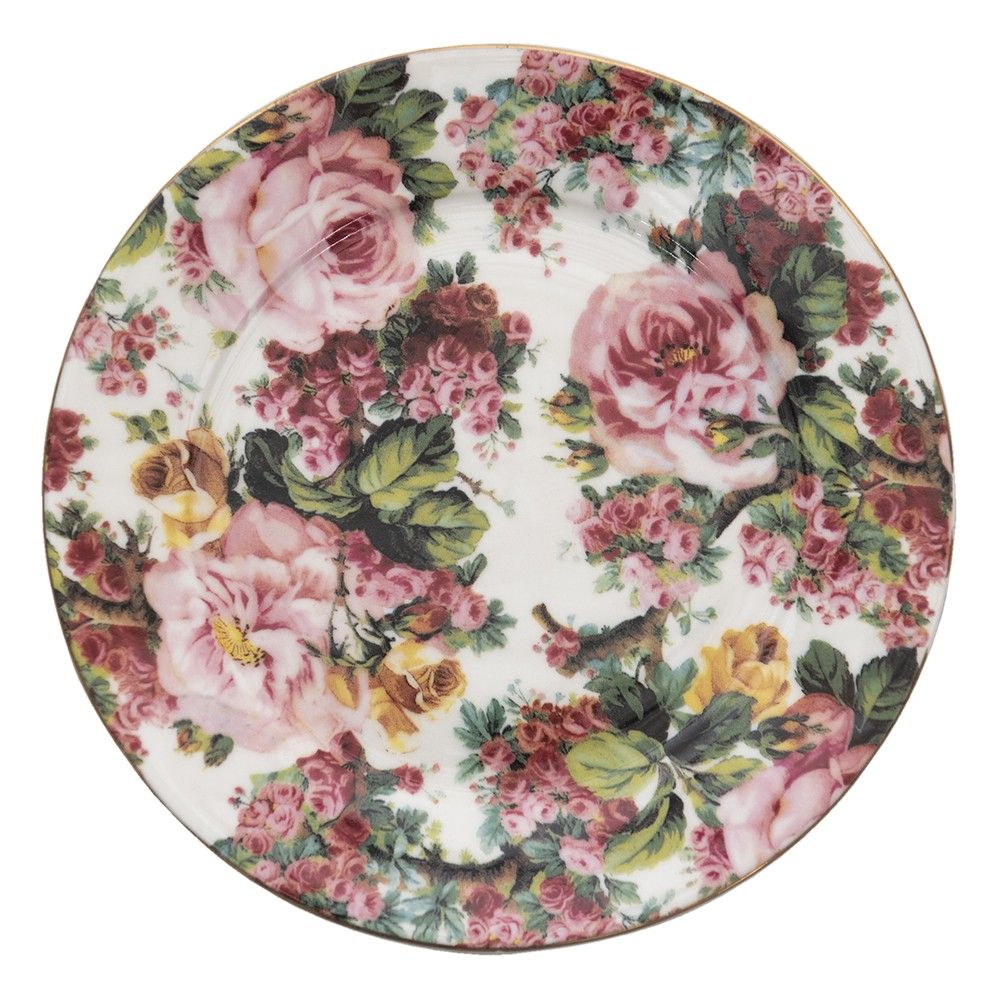 Porcelánový dezertní talířek s květy a zlatou linkou Pink Flowers - Ø 21*2 cm Clayre & Eef - LaHome - vintage dekorace