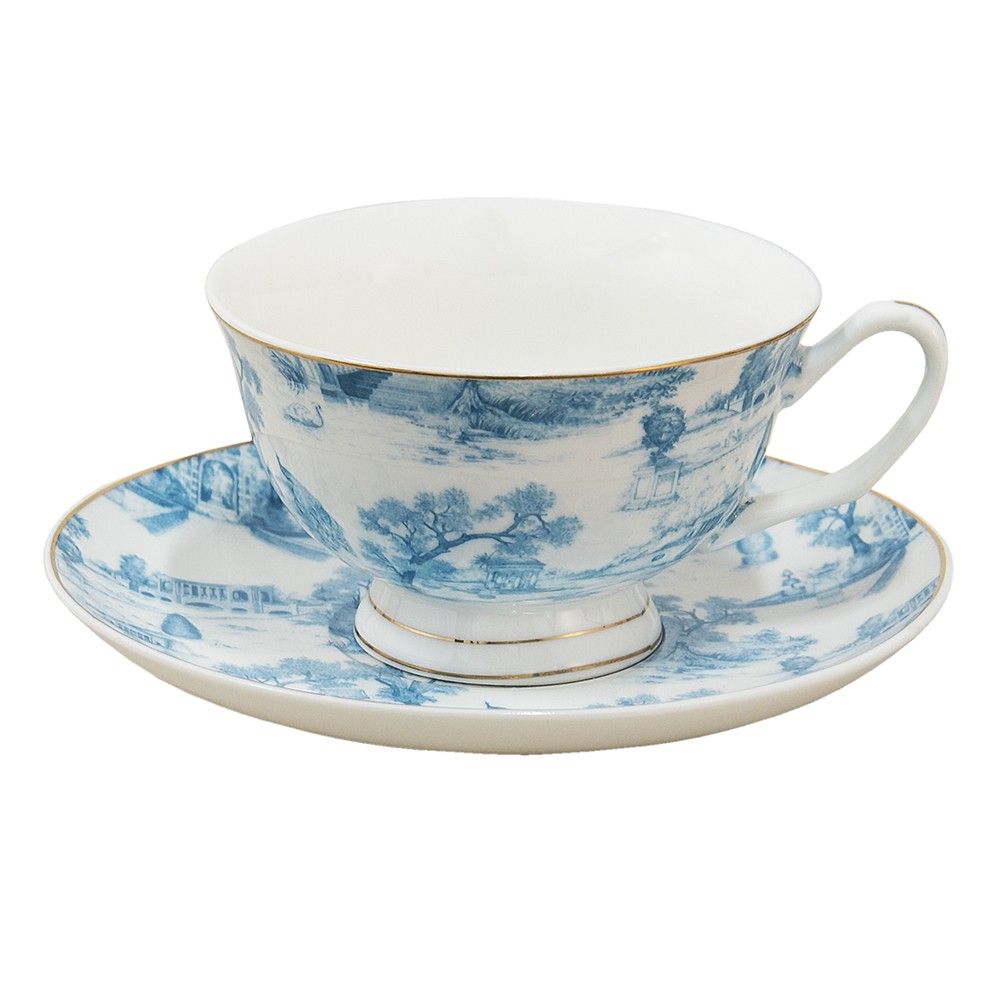 Bílo-modrý porcelánový šálek s podšálkem Chateau  - Ø 10*6 / Ø 15*2 cm / 250 ml Clayre & Eef - LaHome - vintage dekorace