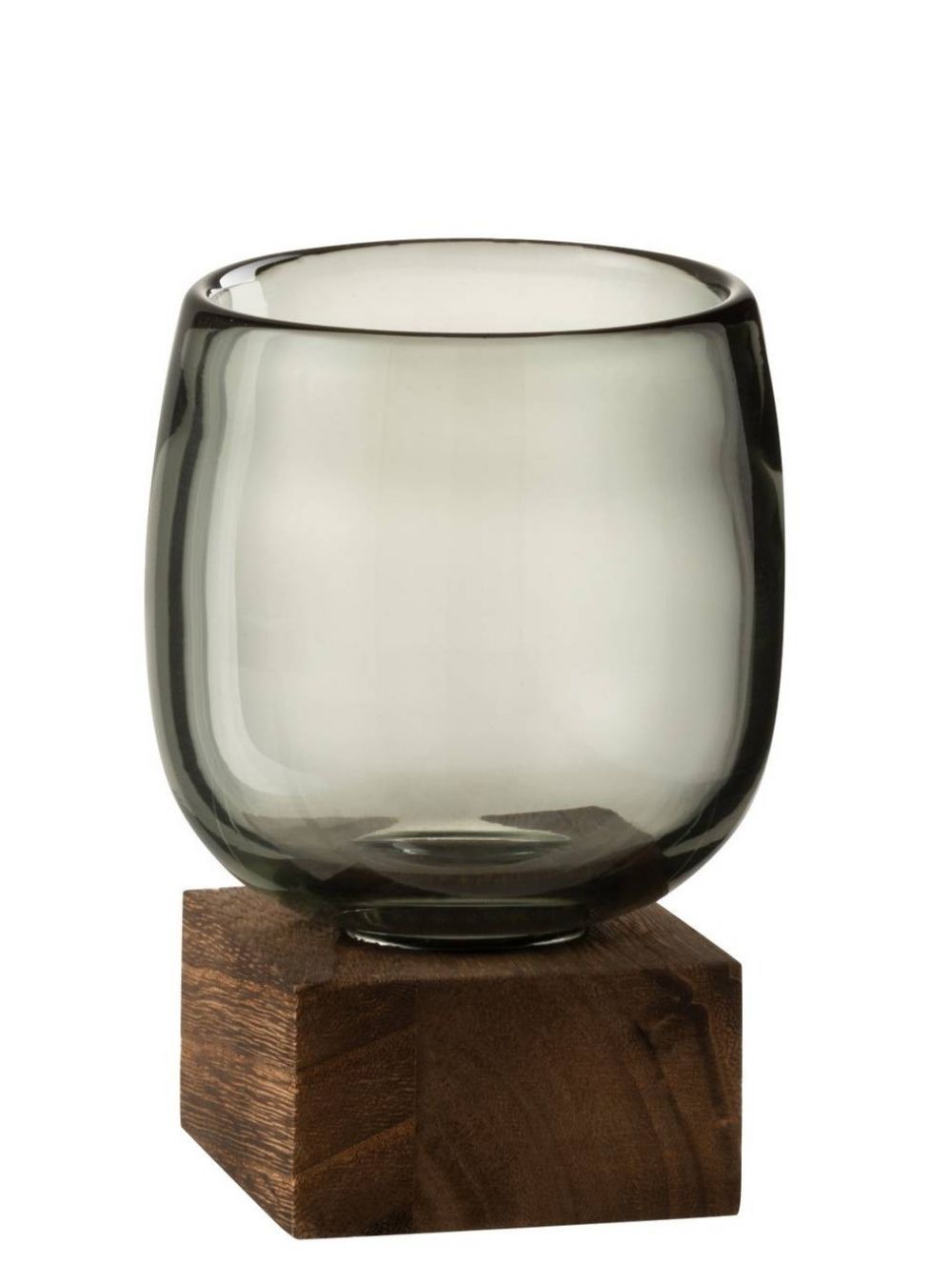 Skleněný svícen / váza na dřevěném podnosu - 10*10*14 cm J-Line by Jolipa - LaHome - vintage dekorace