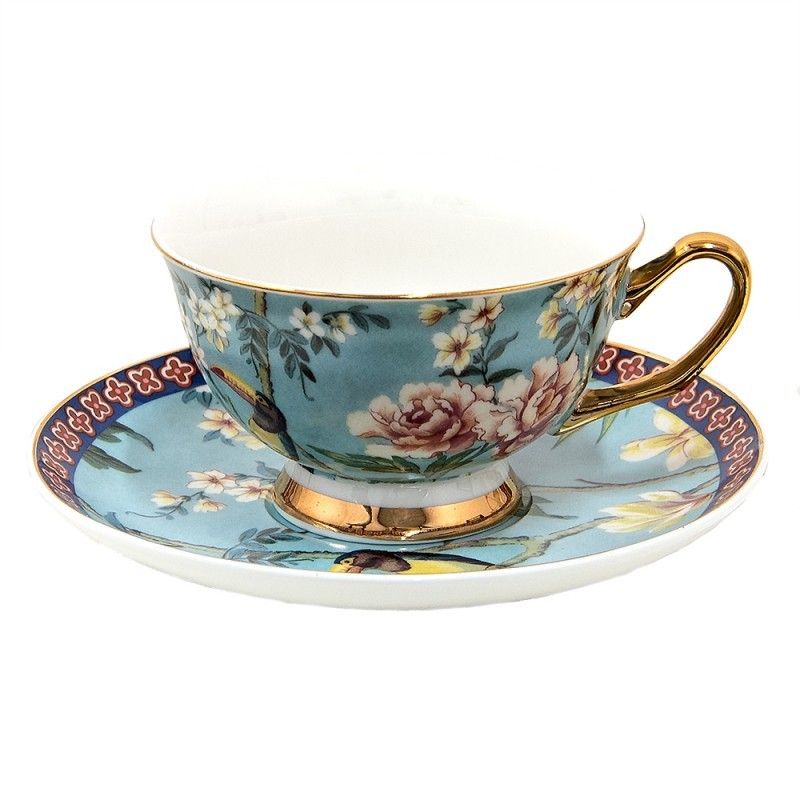 Modrý porcelánový šálek s podšálkem s květy a Tukanem - 12*10*6 cm / Ø 15*2 cm / 200 ml Clayre & Eef - LaHome - vintage dekorace