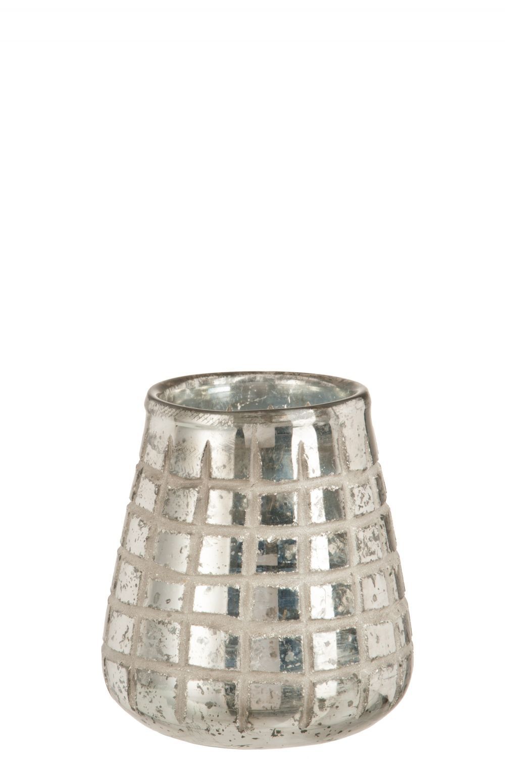 Stříbrný skleněný svícen s mřížkou, patinou a odřeninami - 15*15*17 cm J-Line by Jolipa - LaHome - vintage dekorace