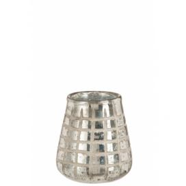 Stříbrný skleněný svícen s mřížkou, patinou a odřeninami - 15*15*17 cm J-Line by Jolipa