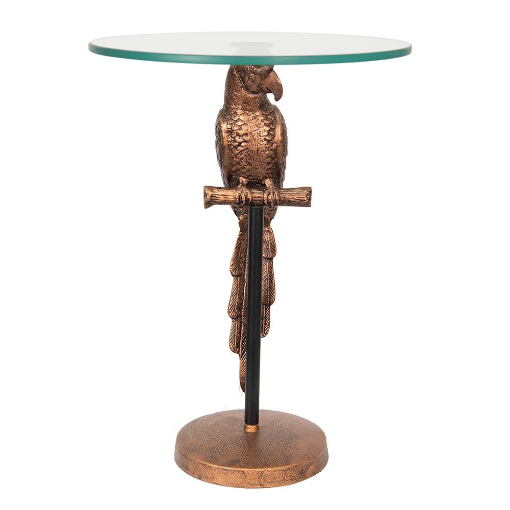 Měděný antik odkládací stolek s papouškem a skleněnou deskou Parrot - Ø 38*53 cm Clayre & Eef - LaHome - vintage dekorace
