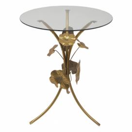Zlatý antik kovový stolek s listy a skleněnou deskou Lave - Ø 60*76 cm Clayre & Eef