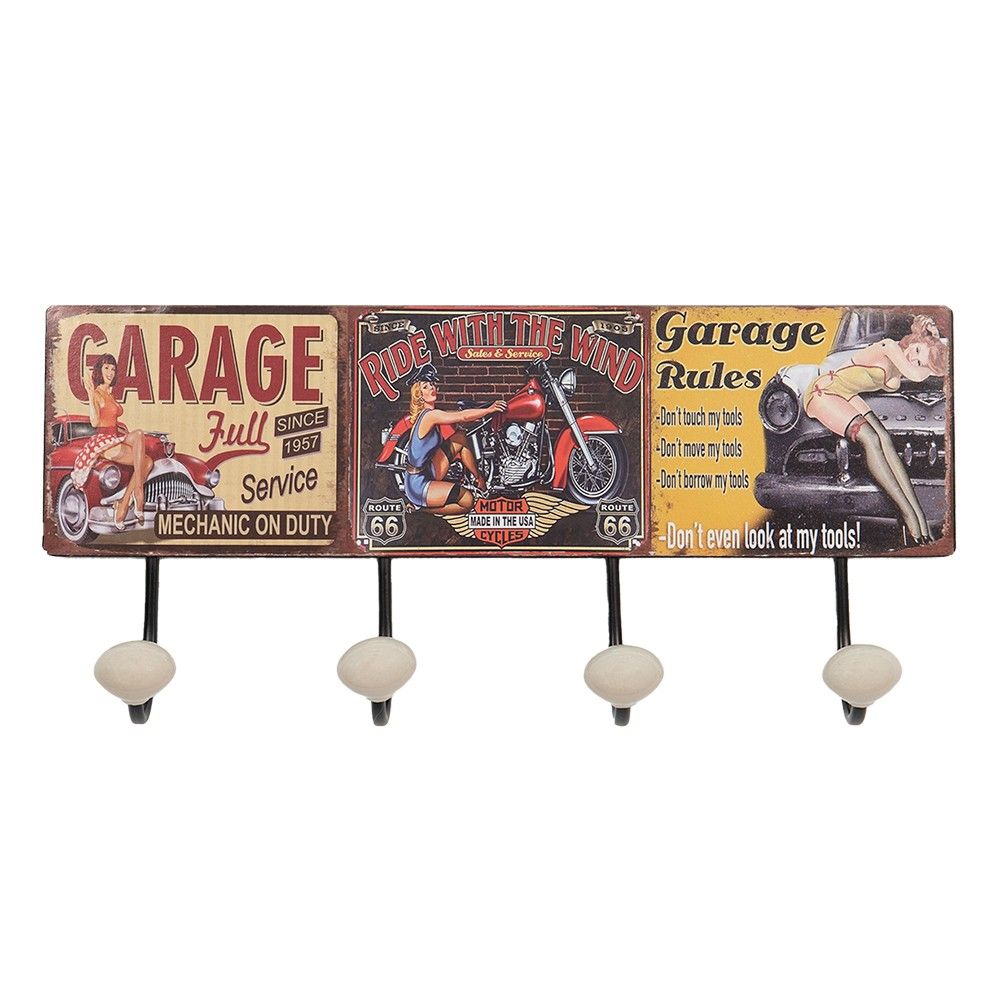 Nástěnný kovový věšák se 4-mi háčky Garage - 40*7*18 cm Clayre & Eef - LaHome - vintage dekorace