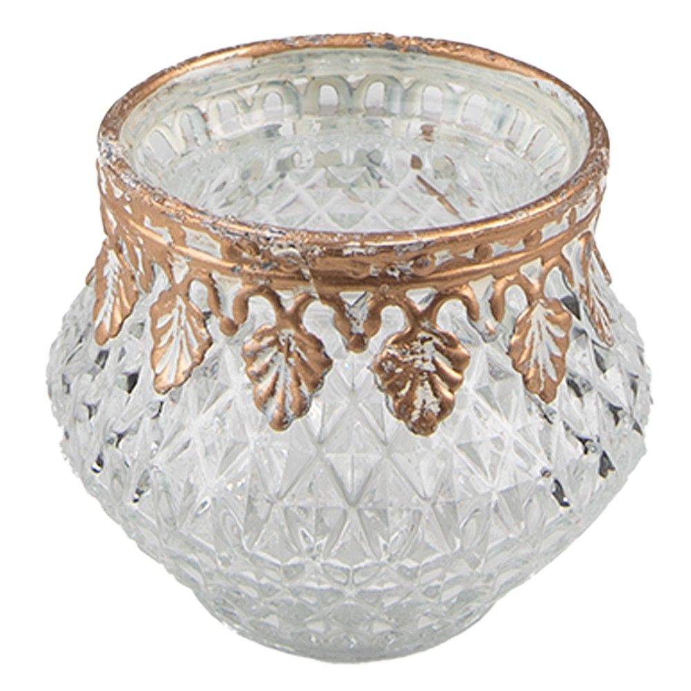 Skleněný svícen na čajovou svíčku se zdobením - Ø 8*6 cm Clayre & Eef - LaHome - vintage dekorace