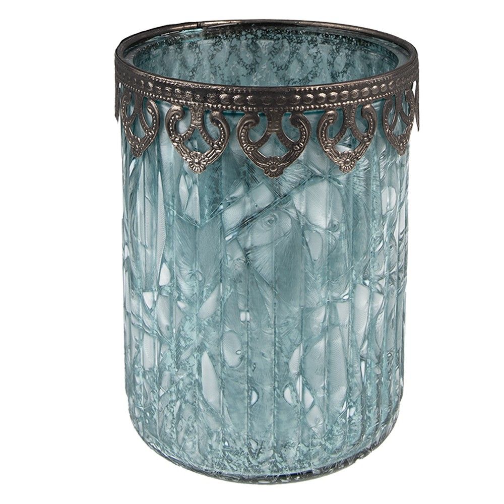 Tyrkysový skleněný svícen na čajovou svíčku se zdobným okrajem - Ø 11*14 cm Clayre & Eef - LaHome - vintage dekorace