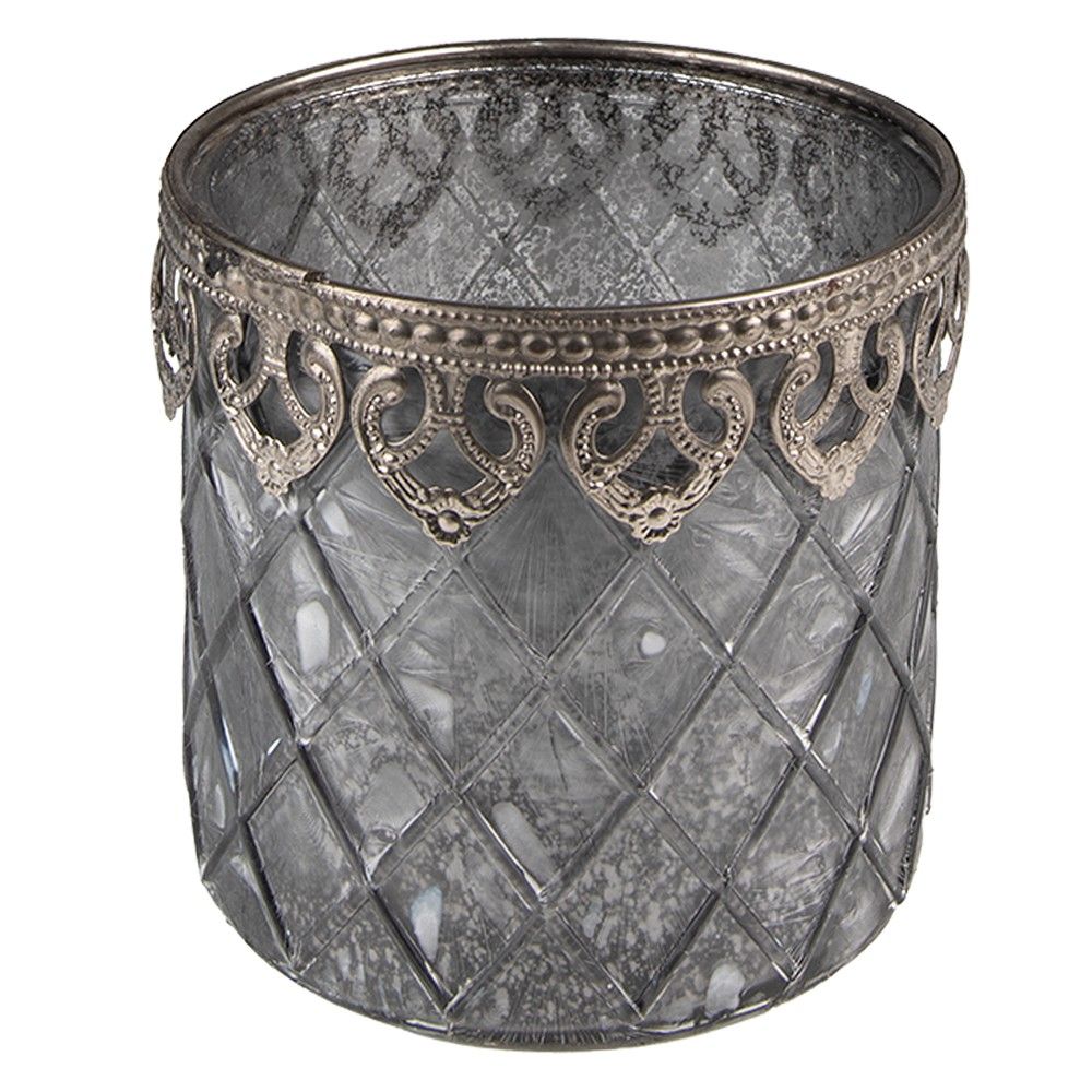 Šedý skleněný svícen na čajovou svíčku se zdobným okrajem - Ø 10*10 cm Clayre & Eef - LaHome - vintage dekorace