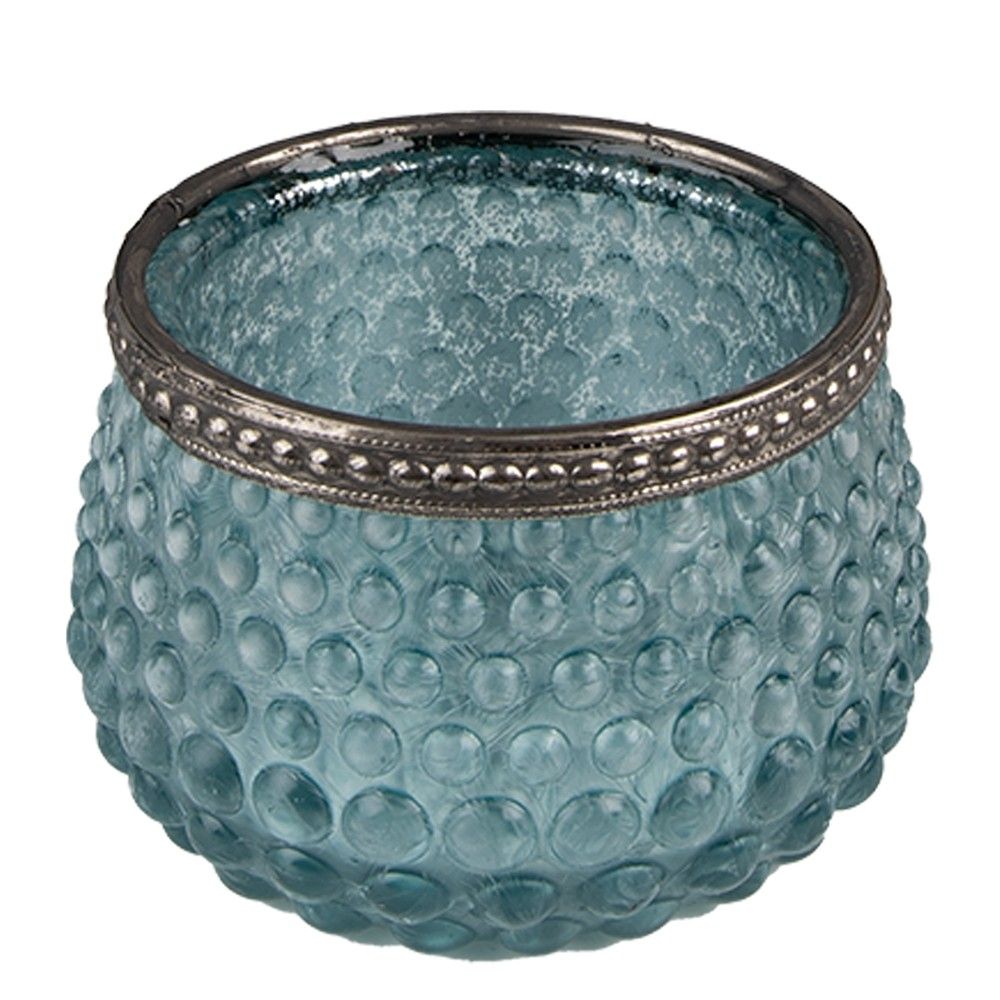 Modrý skleněný svícen na čajovou svíčku se zdobným okrajem - Ø  8*6 cm Clayre & Eef - LaHome - vintage dekorace