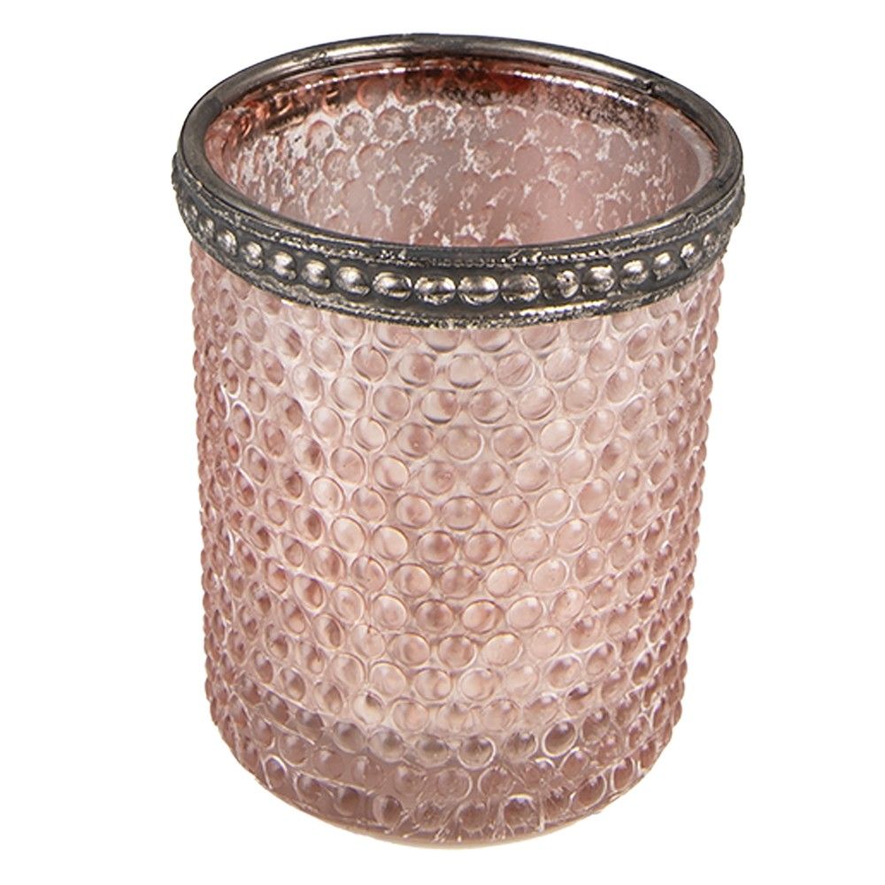 Růžový skleněný svícen na čajovou svíčku se zdobným okrajem - Ø 6*6 cm Clayre & Eef - LaHome - vintage dekorace