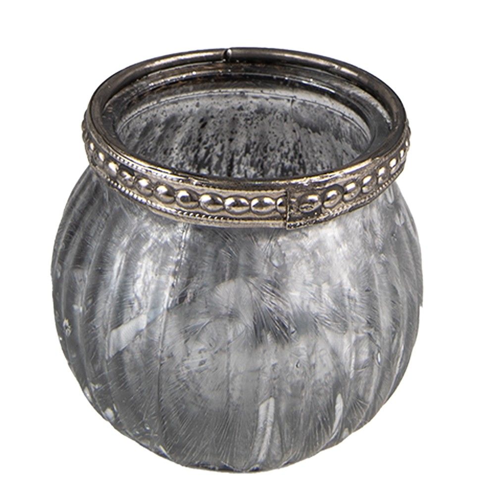 Šedý skleněný svícen na čajovou svíčku se zdobným lemem - Ø6*6 cm Clayre & Eef - LaHome - vintage dekorace