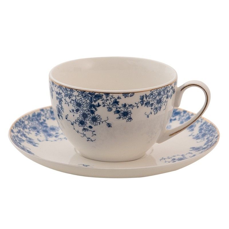 Porcelánový šálek s podšálkem s modrými květy Blue Flowers - 12*9*6  cm / Ø 15*2 cm / 220ml Clayre & Eef - LaHome - vintage dekorace