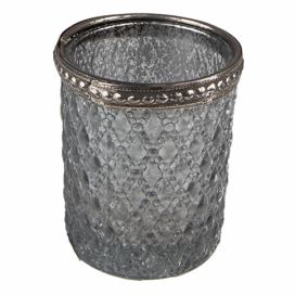 Šedý skleněný svícen na čajovou svíčku se zdobným lemem - Ø 6*6 cm Clayre & Eef