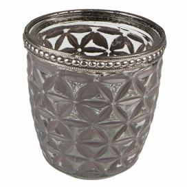 Šedý skleněný svícen na čajovou svíčku se zdobným lemem - Ø 7*7 cm Clayre & Eef