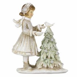 Vánoční dekorace děvče krmící ptáčka - 10*5*12 cm Clayre & Eef