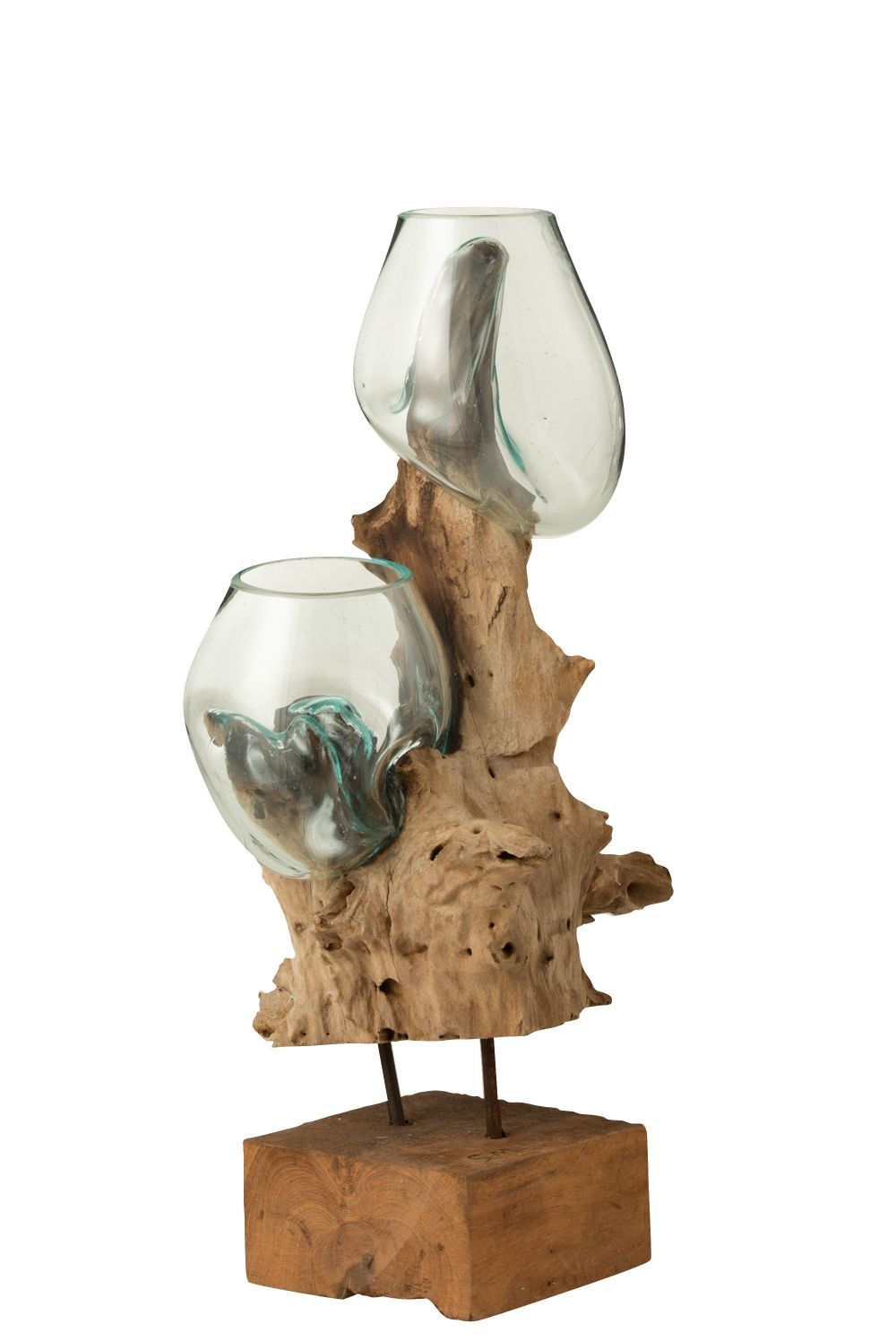 Váza na noze z recyklovaného skla na dřevu Gamal - 42*35*54 cm J-Line by Jolipa - LaHome - vintage dekorace