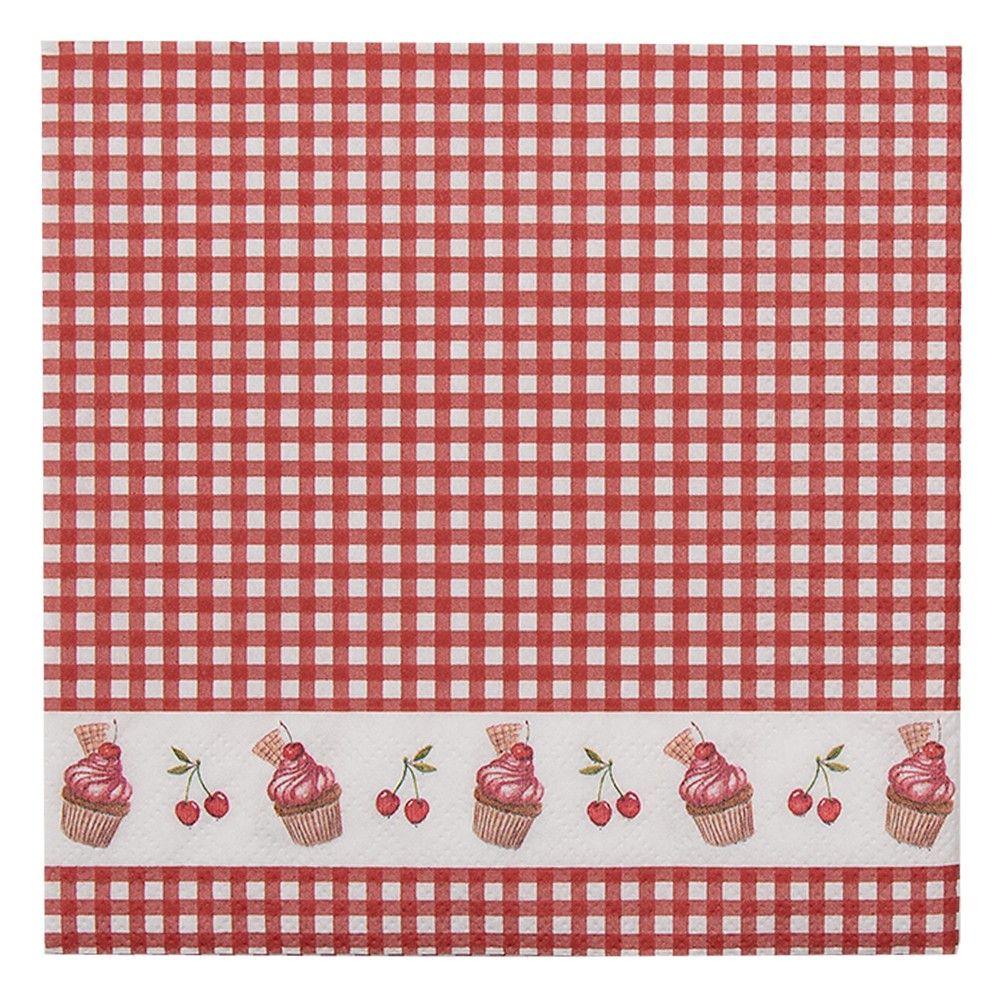 Červené kárované papírové ubrousky s dortíčky Cherry Cupcake - 33*33 cm (20ks) Clayre & Eef - LaHome - vintage dekorace