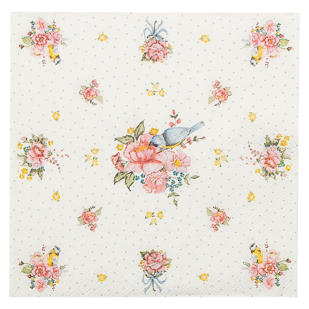 Papírové ubrousky s kvítky a ptáčkem Cheerful Birdie - 33*33 cm (20ks) Clayre & Eef - LaHome - vintage dekorace